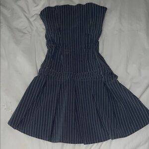 Strapless Grey/blue Pinstripe Skater Dress Bershka